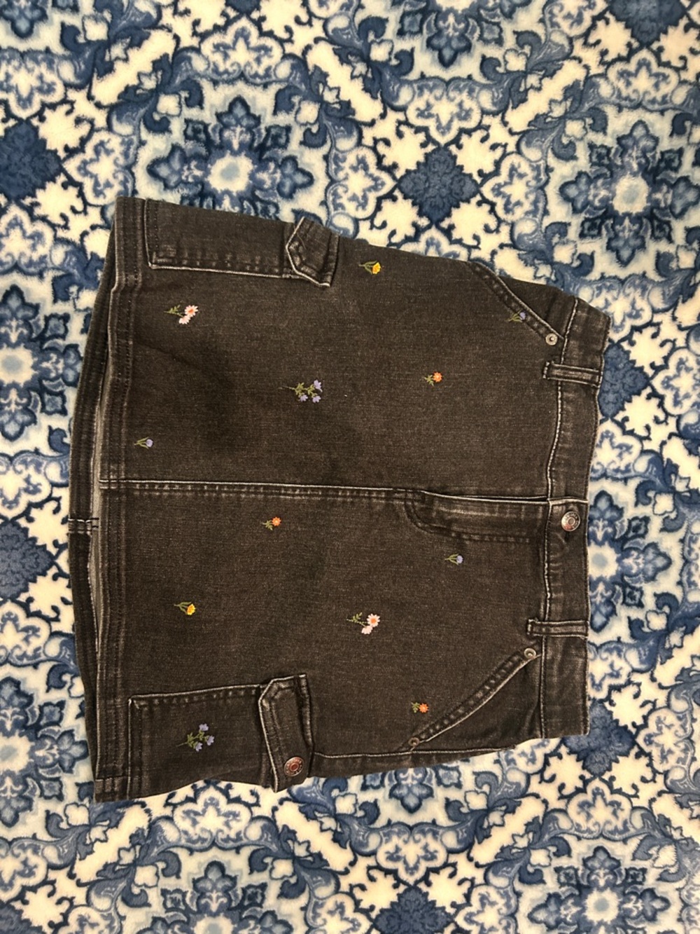 Cat & Jack Black Denim Skirt with Embroidered Floral Accents